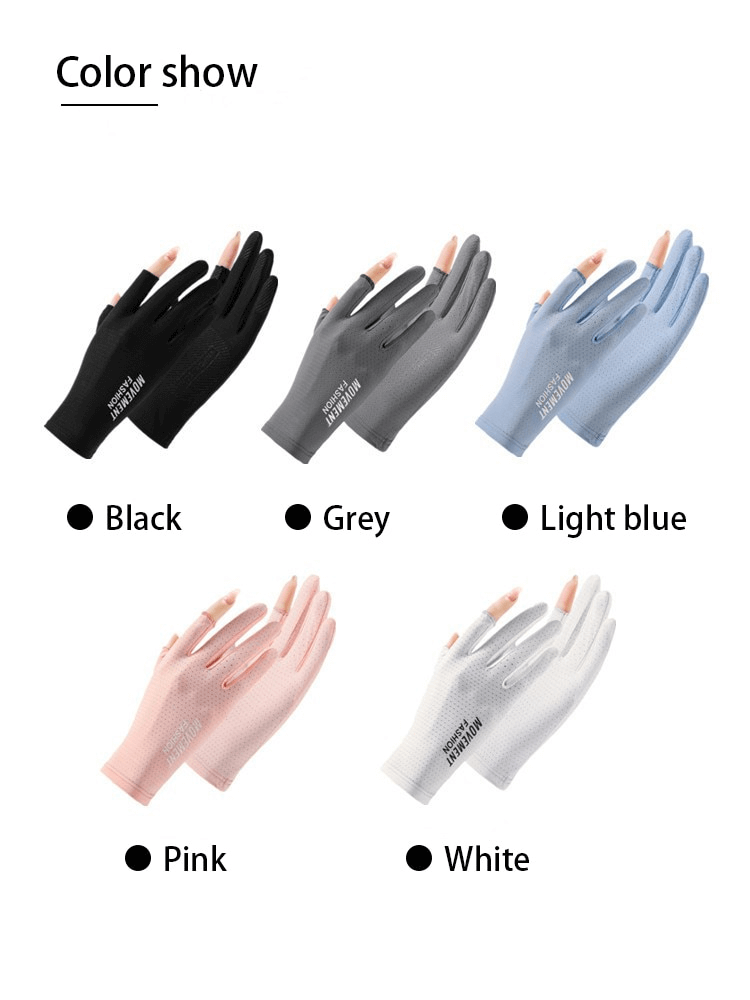 Anti-UV thin gloves for cycling in black, grey, light blue, pink, and white with open two fingers, ideal for riding and driving.